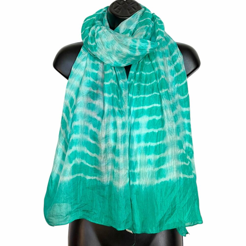VTG 90s Silk Tie Dye Scarf Green White Shibori Stripe Shawl Wrap Boho Aesthetic